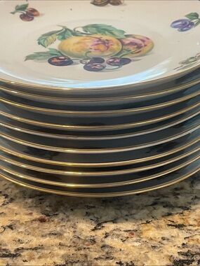Czechoslovakia H & C vintage dessert plates fruit nut design, gold trim x10